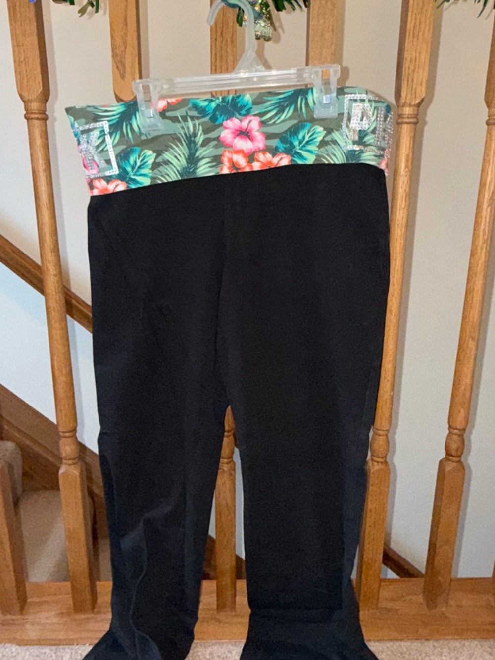 PINK Victoria's Secret Black Yoga Pants with Tropical Fold-Over Waistband